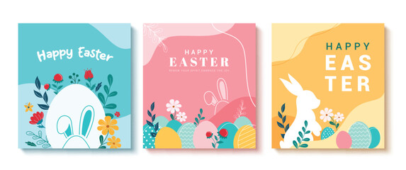Happy easter clipart poster abstract background set. Easter sunday wishes clip art drawing collection with flowers, eggs and rabbit symbol elements in colorful decoration design. Vector illustration 