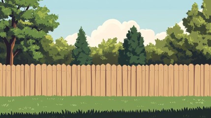 A simple cartoon background of a backyard with a fence and trees, flat design, 2D vector style, simple shapes, simple design, simple green grass, simple sky, simple trees, simple illustration, flat co