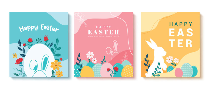 Happy easter clipart poster abstract background set. Easter sunday wishes clip art drawing collection with flowers, eggs and rabbit symbol elements in colorful decoration design. Vector illustration  - Powered by Adobe