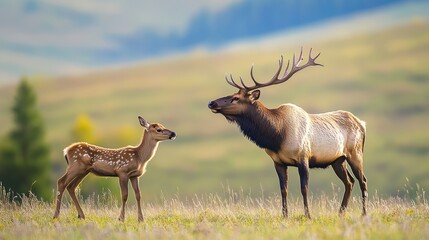 Fototapeta premium Majestic elk and calf in a serene mountain meadow.