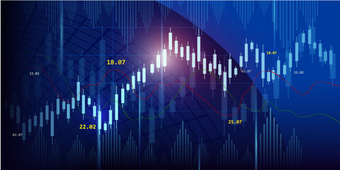 Naklejka premium stock financial chart with fluctuating graphs and candlestick glowing elements on a blue background