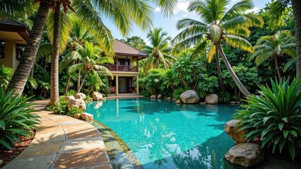 Fototapeta premium A serene oasis: Turquoise waters lap against weathered rock walls, surrounded by lush greenery, with crisp gray walkways flanking the tranquil retreat