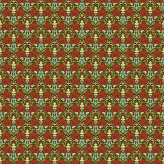 Dark vintage damask seamless pattern in teal, red, and yellow with floral flourishes. Perfect for retro textiles, wallpaper, and decorative design.