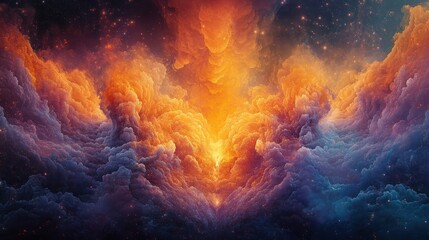A breathtaking and vibrant depiction of a fiery sunset sky blending deep orange, purple, and blue hues, resembling a cosmic explosion above shapely clouds
