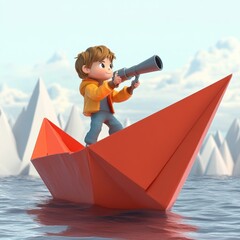 3D Cartoon Style Illustration of Boy on Paper Boat with Telescope in Bright Colors