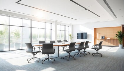 Fototapeta premium Modern Office Boardroom Meeting Room Interior Design with Large Windows and Oval Table