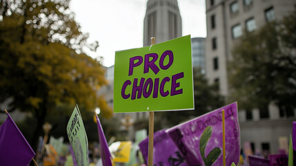 Feminist march, close-up of a poster with the phrase: "Pro choice", in green and purple