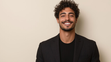 Obraz premium Smiling young Latin man in elegant black suit