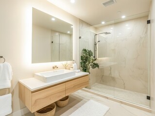 Modern minimalist bathroom with light wood vanity and glass shower