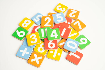 Obraz premium Number wood block cubes for learning Mathematic, education math concept.