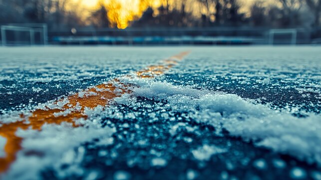 Scenic Winter Sunset Over a Snowy Field with Ice Surface