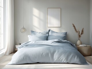 Serene Bedroom Design with Light Blue Bedding and Minimalist Decor