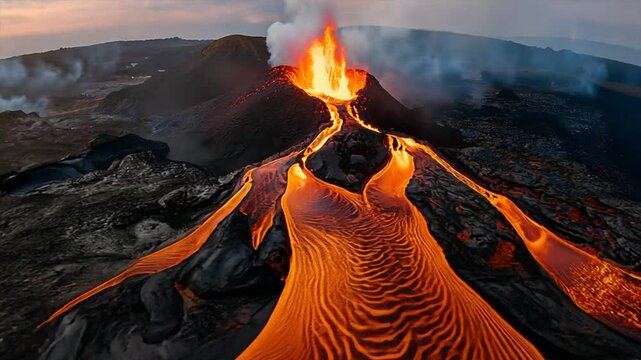 First person view shot of a spreading melted lava from volcano. hyper-speed fly, dynamic motion.