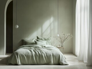 Sage Green Linen Bedding in a Minimalist Bedroom