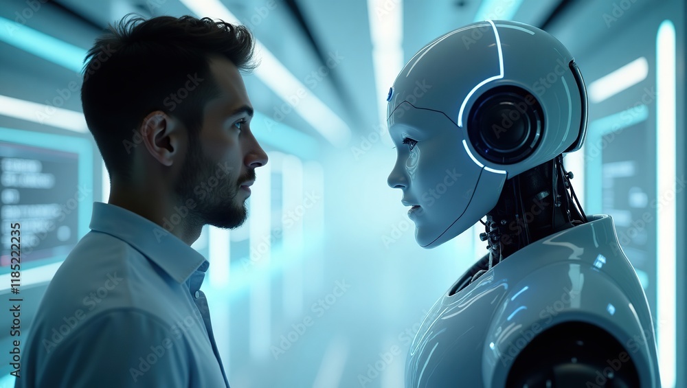 Poster man and advanced humanoid robot face each other
