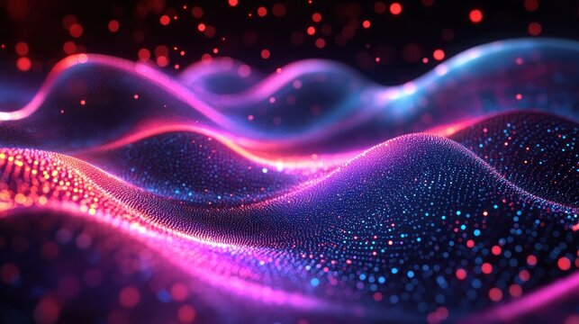 Abstract Digital Landscape with Glowing Lines and Holographic Interface for Nanotechnology Visualization