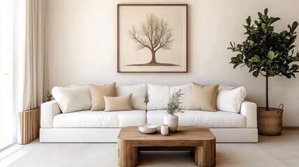 Fototapeta premium Minimalist living room, neutral color palette, white sofa, wooden coffee tables, potted tree, wall art of tree, textured wall, cozy interior design, natural materials, earth tones, Scandinavian style,