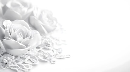 Fototapeta premium Monochrome close-up of elegant white roses and lace, ideal for wedding invitations or romantic designs.