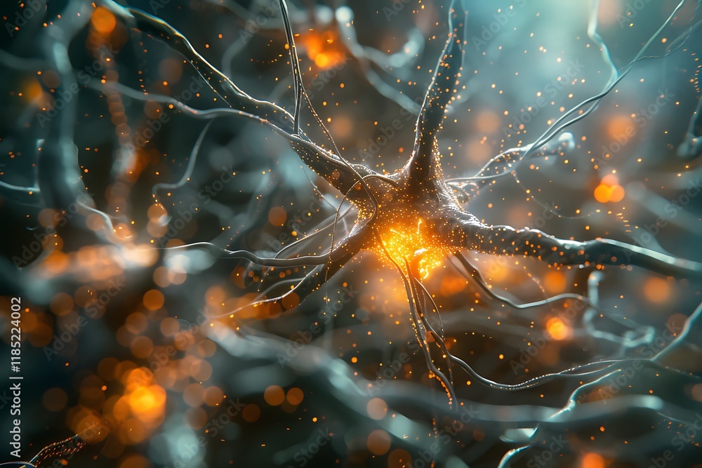 Aufkleber microscopic view of a neuron firing, showcasing intricate details of its structure and connections.