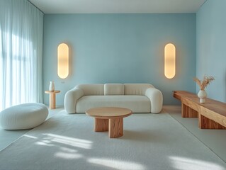 Modern minimalist living room interior design with light blue walls
