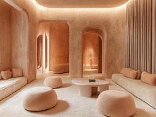 Tranquil Beige Room Interior Design Featuring Soft Furnishings