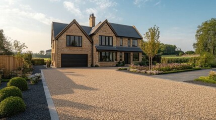 A modern stone house with a landscaped garden and gravel driveway under a clear sky.