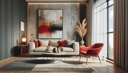 Luxurious modern living room, warm wood paneling, floor-to-ceiling windows, abstract red and white wall art, plush beige sofa, red accent chair, marble coffee table, soft ambient lighting, minimalist 