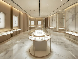 Elegant jewelry store interior featuring display cases and marble finishes.