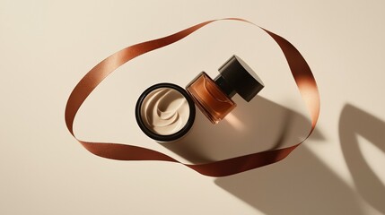 Minimalist composition showcasing luxurious cream and sleek cosmetic bottle with flowing ribbon