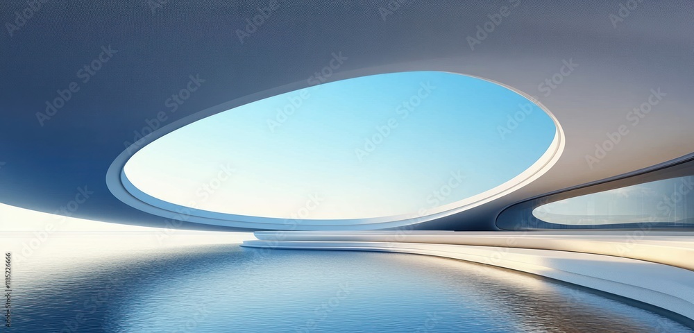 Poster futuristic minimal architecture with endless curves and soft natural lighting above serene water sur