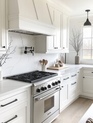 Fototapeta premium Modern White Kitchen Featuring Stainless Steel Appliances