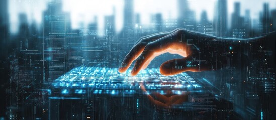 Futuristic Digital Landscape with Transparent Keyboard and Cyberpunk City Skyline