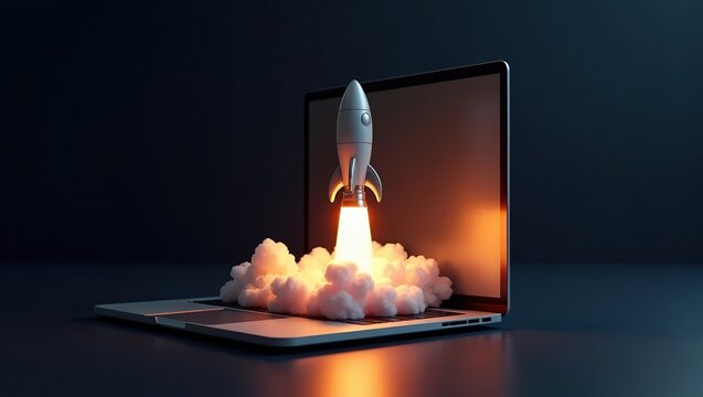 Rocket Launching From Laptop Screen Represents Digital Innovation