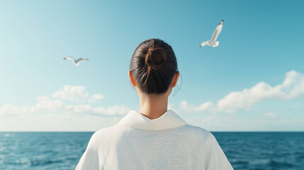 Contemplative woman gazing at the ocean while seagulls fly overhead against a clear blue sky