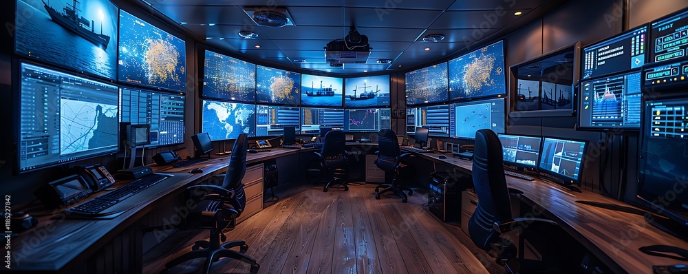 Poster modern control room with multiple monitors displaying data and maps.
