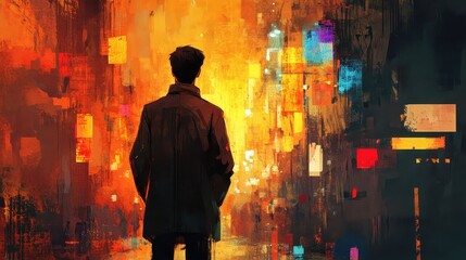 Fototapeta premium Silhouette of a Lone Figure Amidst a Vibrant, Abstract Urban Landscape of Lights and Colors Evoking a Sense of Mystery and Wonder