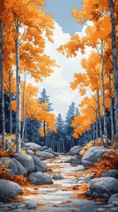 Vibrant Autumn Forest with Tall Trees Showcasing Golden Foliage and Rocky Path in Serene Natural Landscape Under a Bright Blue Sky