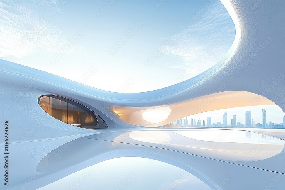 Poster futuristic white minimalist architecture building design smooth curves bright daylight spacious scen