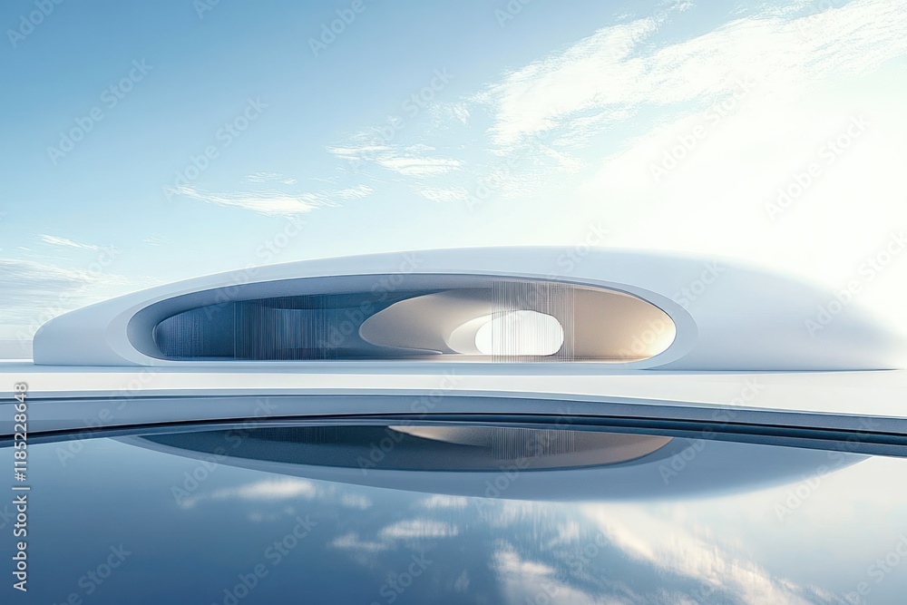 Aufkleber futuristic minimal architecture building with blue sky reflection and spacious concrete design for m