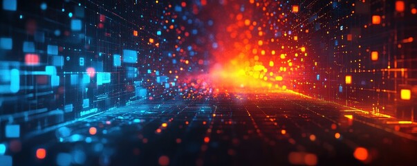 Obraz premium Futuristic Digital Landscape with Neon Lights for AI Data Transmission Cyber Communication and Abstract Geometric Design