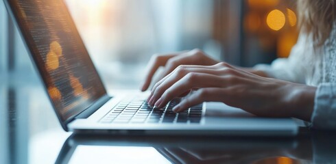 Close Up of Hands Typing on Laptop with Reflection on Glass Surface in Office Setting