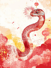 Obraz premium Happy Chinese New Year Festive Banner Design, Chinese New Year Banner with snake illustration Fireworks, Chinese New Year Poster with red and yellow color, Year of snake