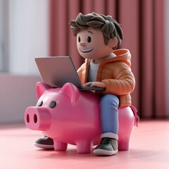 3D Illustration of Young Male Sitting on Pink Piggy Bank Working on Laptop in Playful Cartoon Style with Warm Lighting