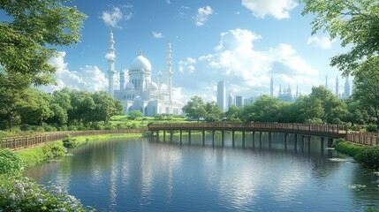 Serene Mosque by the Lake: A Modern Architectural Marvel in a Picturesque Urban Park. Peaceful Oasis, Stunning Cityscape, and Tranquil Reflection