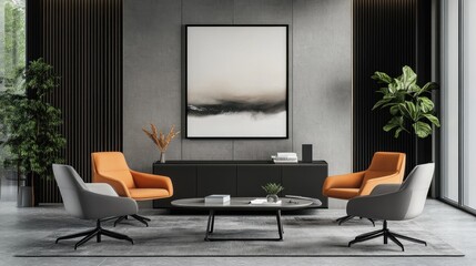 Modern lounge area featuring stylish chairs, a coffee table, and decorative plants.