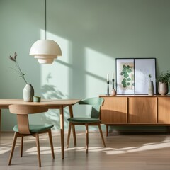 Scandinavian dining room, large windows, natural light, wooden table, white chairs, pendant light, indoor plants, butterfly artwork, green walls, minimalist decor, cozy atmosphere, modern interior des