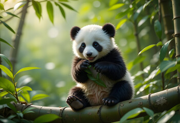 Fototapeta premium Adorable Baby Panda Playfully Grasping Bamboo in a Lush Green Forest, Bathed in Soft Natural Light