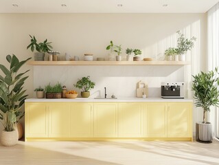 Sunlit Yellow Kitchen With Plants And Wooden Accents