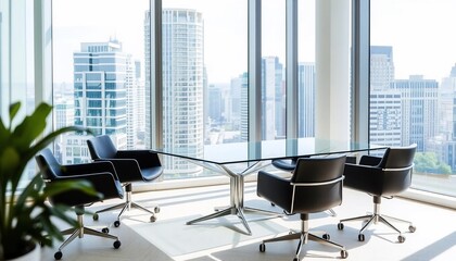 Modern Office Conference Room with City View Glass Table and Black Leather Chairs
