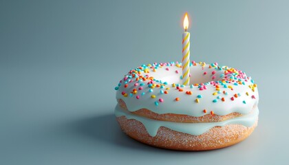 A single white donut with sprinkles and a lit candle on a light blue background.